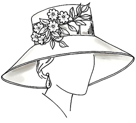 My hat. Woman In Hat Drawing, Women With Hat Drawing, Hats Drawing Sketches, Hat With Flowers Drawing, Lady With Hat Drawing, Fancy Hat Drawing, Hat Sketches Design, Hat Design Drawing, How To Draw A Hat