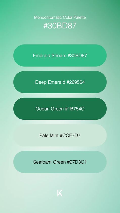 Monochromatic Color Palette Emerald Stream #30BD87 · Deep Emerald #269564 · Ocean Green #1B754C · Pale Mint #CCE7D7 · Seafoam Green #97D3C1 Monochromatic Color Palette, Hex Color Palette, Ocean Green, Palette Design, Color Meanings, Color Palette Design, Hex Colors, The Calm, Seafoam Green