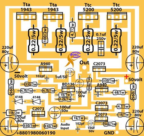 This is a 200 watts transistor amplifier circuit diagram. here used tta1943 and ttc5200 transistor. This pair of transistors can make 100 watts. this circuit used 2 pairs of transistors. 4 transistors can make 200 watts. one transistor can take 230 volts and 15 amperes in the collector’s leg. and a Base current of 1.5 amperes. So, per transistor, we can use 1.5 amperes. This circuit used 4 transistors. 4 X 1.5= 6 amperes can be used in this circuit if we use 50 voltage and 6 amperes. 2sc5200 2sa1943 Amplifier Circuit, Crown Amplifier, Electronic Lab, Amplifier Circuit Diagram, First Transistor, Hifi Amplifier, Subwoofer Box Design, Diy Amplifier, Camera Apps