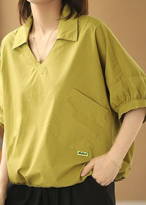 Women Yellow V Neck Patchwork Cotton Loose Shirt Tops Short Sleeve – Omychic Women Tops Design Casual, Short Shirts For Women, Short Shirt Design, Loose Shirts For Women, Short Tops For Women, Loose Tops For Women, Women Cotton Tops, Shirt Tops For Women, Printed Shirts For Women