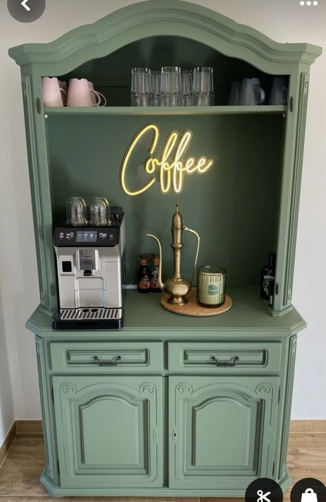 Coffee Bar Ideas Green, Coffee Bar Ideas Office, Hutch Coffee Bar Ideas, Diy Coffee Cabinet, Ikea Hutch, Hutch Coffee Bar, Floating Nightstand Ideas, Modern Floating Nightstand, Nightstand Ideas