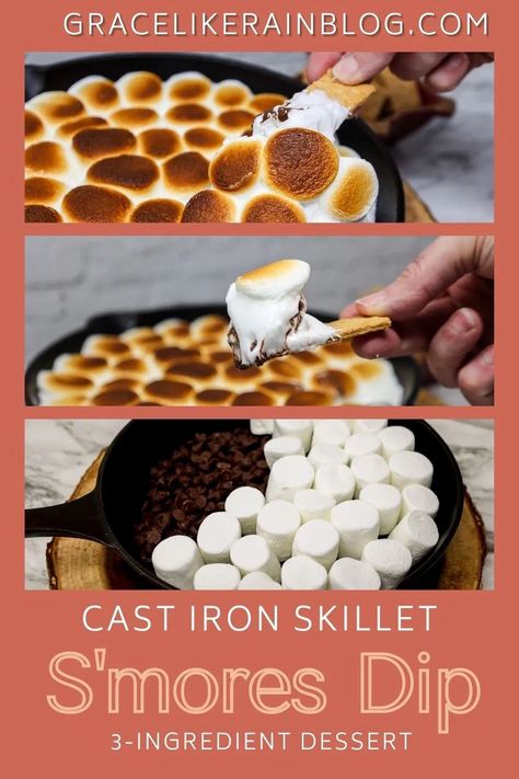 Easy S'mores Dip is the perfect dessert when you are short on time. It only takes 3 ingredients and cooks up in minutes. It's like having perfectly toasted marshmallow S'mores without the campfire. This easy s'mores dessert will be a favorite in your family. Skillet desserts are great because you can stick them in the oven at the end of the meal and it'll be ready in just a few minutes. Marshmallows, chocolate bars, and graham crackers just like traditional s'mores in the oven. Oven s'mores. February Desserts, Rodeo Food, Bday Drinks, Build A Campfire, Easy Dessert Dips, Easy Smores, Easy S, 3 Ingredient Desserts, Easy Skillet Meals