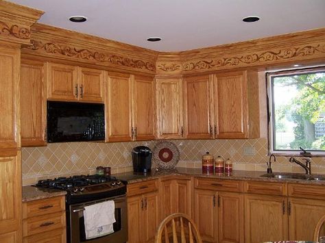 A faux oak grained finish with an inlaid design - that disguises a kitchen soffit.  Click on the pic for how I did it Cabinet Soffit Ideas, Kitchen Cabinet Soffit, Kitchen Soffit Ideas, Molding Kitchen Cabinets, Soffit Ideas, Soffit Lighting, Kitchen Soffit, Redo Kitchen Cabinets, Update Kitchen Cabinets