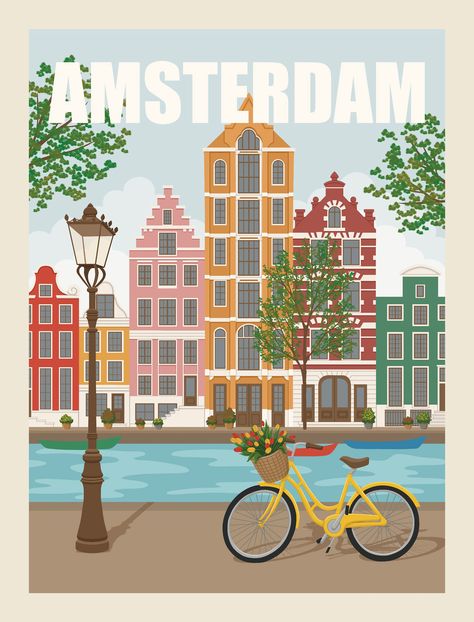 Vintage Travel Posters. Wall art. on Behance Sticker Design Ideas, Amsterdam Vintage, Amsterdam Art, City Postcard, Posca Art, Posters Wall Art, Poster City, Urban Landscapes, Netherlands Travel