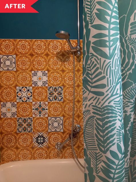 Teal And Orange Bathroom, Teal And Terracotta Bathroom, Orange Tile Bathroom, Orange And Blue Bathroom, Orange Bathroom Walls, Bathroom Colors Blue, Terracotta Bathroom, Bathroom Orange, Blue Bathroom Walls