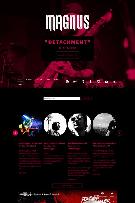 Magnus is a rock band with a vision. They infuse various styles of music and it shows on their website. They're using the Billboard theme to shine a spotlight on their band website entermagnus.com. For more inspiration, check out our guide! Band Website Design, Music Press Kit, Musician Website, Website Colors, Website Slider, Beautiful Themes, Band Website, Music Websites, Colors Inspiration