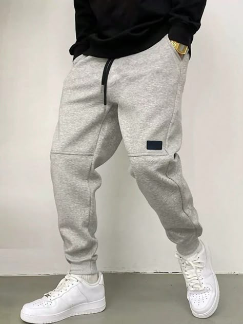 Light Grey  Collar  Fabric Plain Jogger Embellished Medium Stretch  Men Clothing Mens Sweatpants Outfit Casual, Jogger Pants Outfit Mens, Male Fashion Sweatpants, Men Jogger Pants, Men’s Fashion Joggers, Mens Streetwear Joggers, Joggers Men Outfit, Mens Joggers Outfit, Men’s Joggers