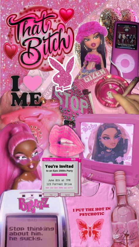 #bratz #y2kfashion #y2kaesthetic #pinkaesthetic Bratz Collage Wallpaper, Y2k Wallpaper Bratz, Bratz Dolls Aesthetic Wallpaper Iphone, Black Bratz Doll Aesthetic, Bratz Birthday Party Ideas, Brats Aesthetic, Latina Wallpaper, Bratz Birthday, Birthday Baddie