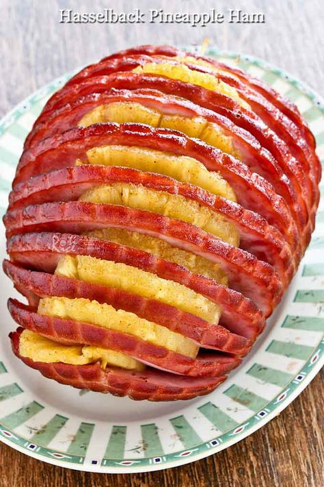 This boneless Hasselback Pineapple Ham is perfect for a smaller family or crowd. Just as delicious and much easier and faster to prepare. | RotiNRice.com Boneless Ham Recipe, Boneless Ham, Baked Ham With Pineapple, Precooked Ham, Thanksgiving Ham, Ham Recipes Baked, Pineapple Ham, Crockpot Ham, Honey Baked Ham