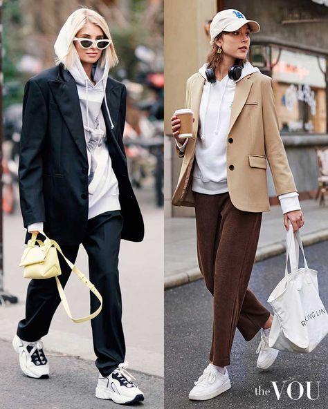 Tan Blazer Outfits Women Street Styles, Blazer Over Sweatshirt, Hoody Blazer Outfit Women, Oversized Blazer Casual, Sweats With Blazer Outfit, Sweatshirt And Blazer Outfit Women, Sweatshirt With Blazer Outfit, Hoodies And Blazer Outfit, Jogger And Blazer Outfit