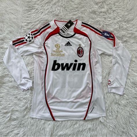 KAKA AC Milan Champions League 2007 Final Long Sleeve White Retro Soccer Jersey Long Sleeve Football Jersey, Kaka Ac Milan, Ac Milan Champions League, White Soccer Jersey, Retro Soccer Jersey, Football Jersey Outfit, Retro Soccer, Retro Football Shirts, Jersey Outfit