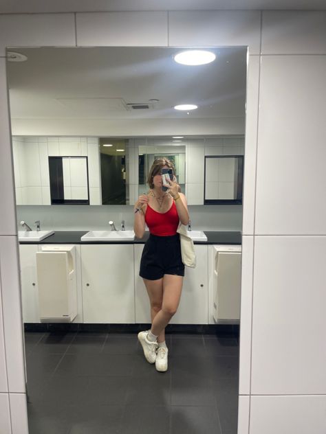 #outfit #fashion #aesthetic #red #black #shorts #summeroutfit #holidayoutfit Red Shirt Outfit, Red Shirt Outfits, Outfit Shorts, Aesthetic Red, Red Shirt, Red Top, Fashion Aesthetic, Holiday Outfits, Black Shorts