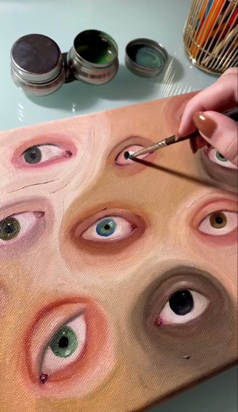 Weird Core Painting, Strange Paintings, Uncomfortable Art, Weird Eye Painting, Trippy Eye Painting, Eye Painting Trippy, Painting Ideas Eyes Trippy, Eyes Artwork Trippy, Clown Paintings