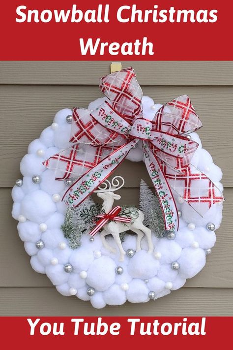 Dollar Tree Christmas Wreaths Diy Easy, Snowball Wreath Diy, Dollar Store Snowman Wreath, Snowman Wreath Diy Dollar Stores, How To Make A Ribbon Wreath, Foam Wreath Ideas Diy, Bow Maker Tutorial, Christmas Balls Wreath Diy, Snowman Wreath Diy