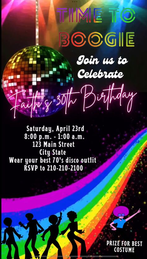 Get ready to dance with our Rainbow Disco video invitation! Featuring vibrant rainbow colors, funky disco ball designs, and groovy animations, this invite sets the stage for a night of fun and excitement. Perfect for birthdays, themed parties, or any celebration, it invites your guests to put on their dancing shoes and join us for a colorful disco extravaganza. #RainbowDisco #DiscoParty #CelebrateInStyle #GroovyInvite #ColorfulCelebration #DanceTheNightAway #FunAndExcitement #birthday #shindigs #disco Disco Invite, Disco Video, Rainbow Disco Ball, 70s Party Theme, Dance Party Invitations, Musica Disco, 80s Disco, Rock Star Party, Disco Theme