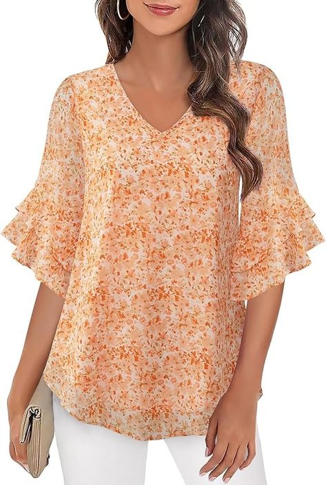 VALOLIA Womens Blouses: Tops for Women Trendy - Womens Chiffon Blouses - Dress Shirts for Women XX-Large Flower Orange at Amazon Women’s Clothing store Flower Orange, Collar Details, Chiffon Blouses, Making Patterns, Playful Style, Layered Shirts, Dress Making Patterns, Business Tops, Dress Shirts For Women