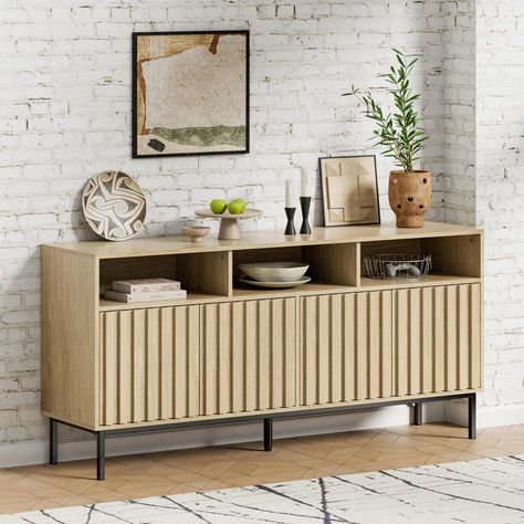 PRICES MAY VARY. 【Modern Sideboard Cabinet】Overall Dimention:W61.4*D15.2*29.7H,Small Shelf:W19.7*D14.4*6.3H,Large Storage:W19.7*D14.4*6.3H,Feet:6.9H,Loading Capacity:Toally 240lbs 【Fluted Storage Cabinet】Geometric fluted panel design for fluted sideboard buffet cabinet with free handles and stable mental legs,weight capacity makes heavy duty easily 【Wood Buffet Cabinet】Natural wood color modern buffet has 4 doors,2 large spacious room inside and 3 shelf storage which provide you multi-storing ch Mcm Sideboard, Wood Buffet Cabinet, Fluted Sideboard, Credenza Storage, Modern Buffet Cabinet, Mid Century Modern Buffet, Sideboard Cabinet Modern, Fluted Panel, Modern Sideboard Buffet