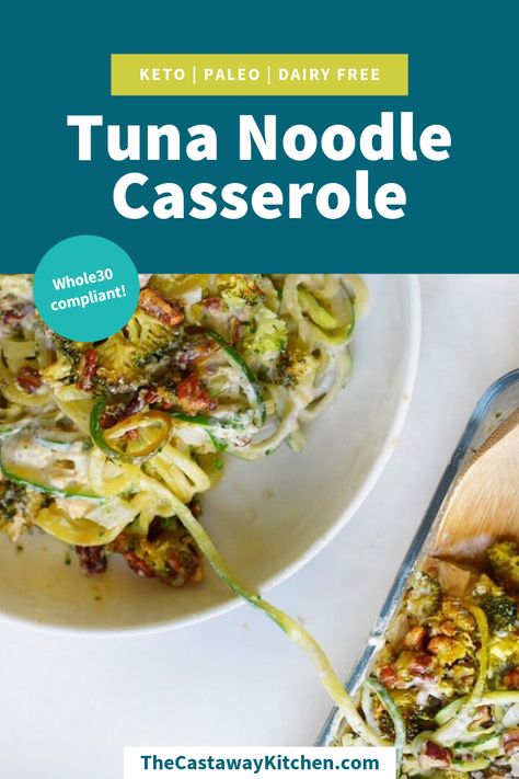 This grain-free, dairy-free Paleo Tuna Casserole is cozy and healthy. Made low-carb and Whole30-friendly with zoodles, plus egg-free and nut-free options! Tuna Paleo Recipes, Dairy Free Tuna Noodle Casserole Easy, Dairy Free Tuna Casserole, Paleo Egg Noodles, Paleo Tuna Noodle Casserole, Zoodle Casserole, Keto Casserole Recipes, Paleo Tuna, Dairy Free Keto