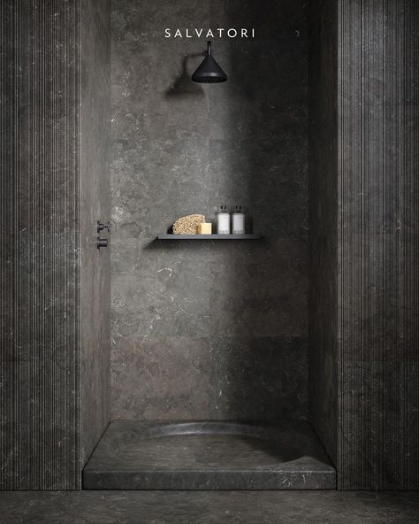 Salvatori on Instagram: “Who says a shower can’t be stylish? This intimate, deceptively simple corner featuring a Balnea shower tray and Linea shelf is a perfect…” Dark Modern Bathroom, Dark Bathrooms, Stone Shower, Sophisticated Bathroom, Shower Tray, Shanghai China, Wet Rooms, Stylish Storage, Contemporary Bathroom