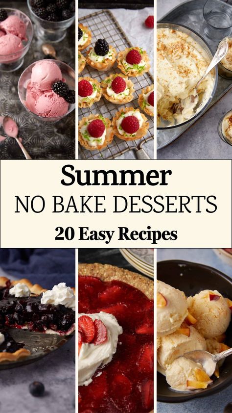 A collage of no-bake desserts. No Bake Dessert For A Crowd, Easy Desserts That Travel Well, Summer Deserts Ideas No Bake, Late Summer Desserts, Dessert Recipes Without Oven, Best Summer Dessert Recipes, Summer Dessert Recipes For A Crowd, Cookout Desserts For A Crowd, Easy Make Ahead Desserts