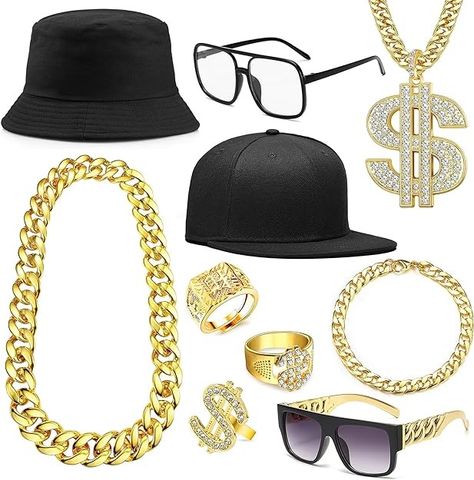 Amazon.com: RIOSO 80s 90s Accessories Outfit for Men Hip Hop Rapper Costume Kit Fake Gold Chain Money Sign Necklace Hip Hop Rapper Costume Jewelry : Clothing, Shoes & Jewelry 90s Hip Hop Costume, Hip Hop Glasses, Rapper Costume, Hip Hop Outfit, 90s Accessories, Hip Hop Accessories, Hip Hop Costumes, Rapper Jewelry, Rapper Outfits