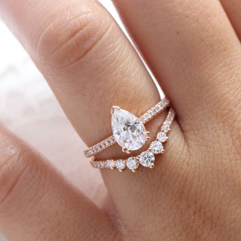 Moissanite Engagement Ring Gold, Pear Moissanite Engagement Ring, Rose Gold Moissanite Ring, Moissanite Engagement Ring Rose Gold, Matching Wedding Rings, Pear Cut Engagement Rings, Single Stone Ring, Pave Diamond Band, Pear Shaped Engagement Rings