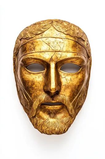 ↑↑↑ Larger size on website 🔸 The image shows a golden mask of a man's face. The mask is intricately detailed, with a sculpted bea Golden Mask, Gold Items, Beard Hair, Facial Features, Ancient Artifacts, Male Face, Image Generator, The Mask, Artifacts