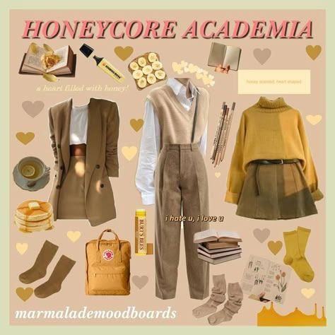 Honey Academia Aesthetic, Tan And Yellow Outfit, Honeycore Outfits Aesthetic, Honey Aesthetic Outfit, Yellow Academia Outfit, Honey Core Outfits, Honey Core Aesthetic Outfits, Princess Core Outfit Casual, Honey Core Aesthetic