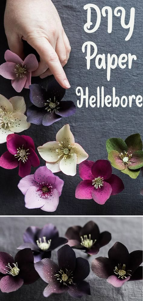 Paper Hellebore Flower Tutorial Printable Paper Flowers, Paper Flowers Tutorial Step By Step, Nature Diy Projects, Crepe Paper Ornaments, Crepe Paper Christmas Flowers, Paper Flower Pattern, Christmas Flower Diy, Paper Wildflowers Diy, Small Paper Flowers Diy Easy