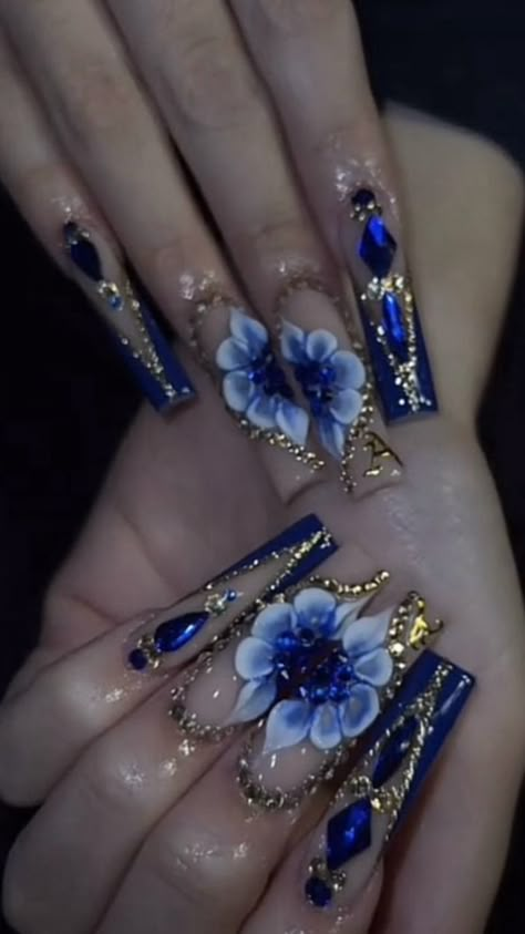 Nail Ideas Quinceanera, Blue Nail Acrylic, Quinceanera Nails Navy Blue, 15 Quinceanera Nails, Blue Nails Quinceanera, Nail Ideas Blinged Out, Royal Blue Nails Xv, Navy Blue Quince Nails Short, Quince Nail Ideas