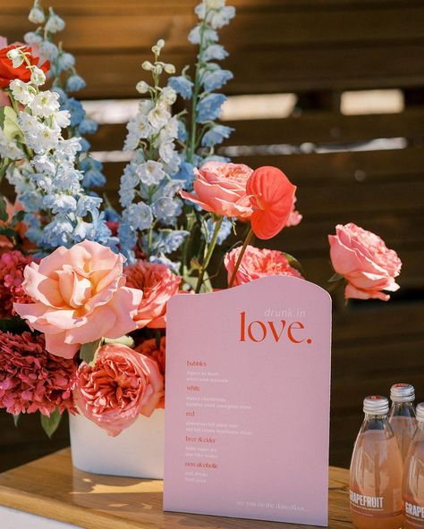 Some more of the colourful fun from these creatives 🌹🎀🦋 @atelierweddings_wa @assemblyyard @wildfeatherscreative… | Instagram Modern Colourful Wedding, Ios Wedding, Wedding Signage Design, Pink Flowers Wedding, Birthday 25, Red Beer, Red Bar, Barbie Theme, Drunk In Love