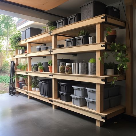 2x4 shelving industrial farmhouse inspiration for modern garage storage. Garage Organization Aesthetic, Modern Garage Organization Ideas, Photo Studio Storage, Storage Room Shelving, Garage Refresh, 2x4 Shelving, Garage Storage Inspiration, Storage Unit Organization, Gear Room