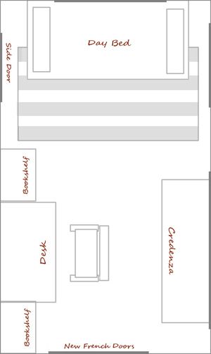 Day Bed Layout Ideas, Turning Office Into Bedroom, Multipurpose Bedroom Layout, Office Space With Daybed, Guest Room Office Combo Ideas Layout, Home Office With Daybed Layout Guest Room, Day Bed Office Combo Layout, Home Office And Guest Room Combo With Queen Bed, Office With Queen Size Bed