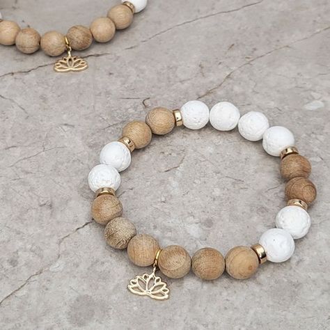 Matte Bead Bracelets, White Lava Bead Bracelet, Neutral Bead Bracelet, Women Beaded Bracelets, Wood Beads Bracelet, Lava Bead Bracelet Ideas, Beaded Bracelet With Charm, Wood Bead Bracelet Ideas, Bracelet Colors Ideas