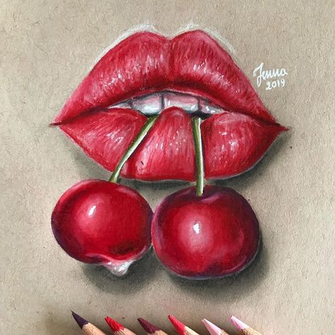 Characters From Movies, Lips Painting, Lip Drawing, Prismacolor Art, Cherry Lips, Colored Pencil Artwork, New Drawing, Lips Drawing, Pencil Art Drawings