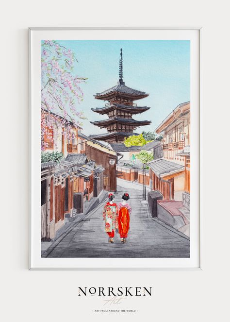 This watercolor painting of Kyoto in Japan was created from my own original paintings and was printed in high-resolution images so you can download them instantly and print them yourself, either at home or by using a professional printing service! It’s an easy way to get high-quality artwork for less money than a physical art print. #kyoto #japan #watercolor #walldecor #printableart #painting #cityscape #asia #japaneseart #travel #gift Japan Watercolor, Kyoto Art, Japan Wall Art, Japan Painting, Art Japan, Spring Wall Art, Samurai Art, Watercolor Art Lessons, Art Japonais