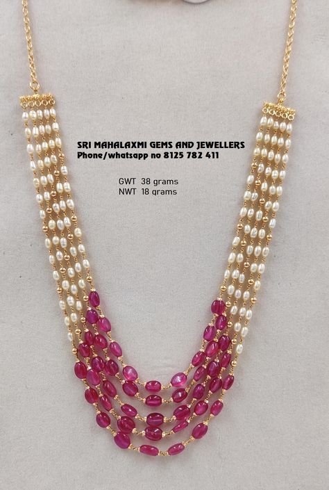 5 lines rubies and south sea pearls chain made in 22kt 916 BIS Hallmarked Gold. Visit us for full range at most competitive prices. Contact no 8125 782 411 Gold Beads Designs, Floor Showroom, Modern Pearl Jewelry, Beads Collection, Modern Gold Jewelry, Pearl Jewelry Design, Beads Designs, Gold Jewelry Simple Necklace, Samantha Photos