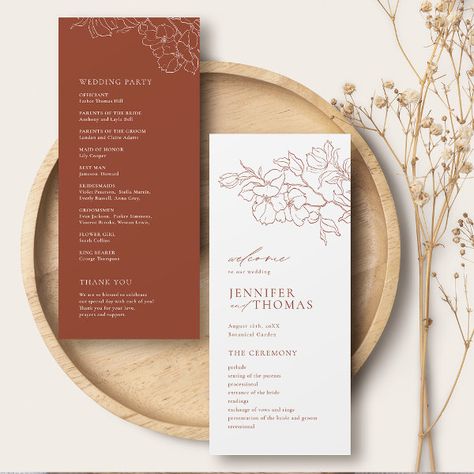 Elegant hand drawn floral terracotta wedding program Copper Wedding Theme, Wedding In Fall, Simple Boho Wedding, Modern Rustic Wedding, Country Garden Wedding, Rustic Modern Wedding, Country Garden Weddings, Terracotta Wedding, Rustic Boho Wedding