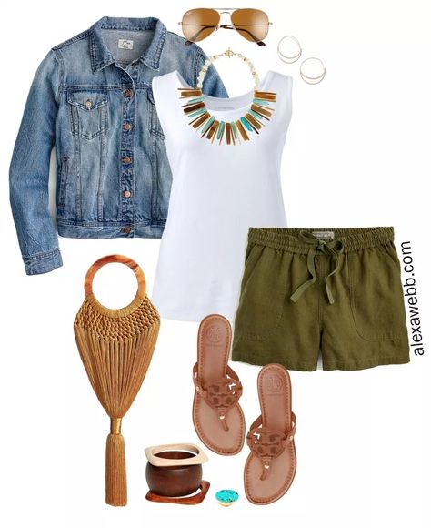 Plus Size Linen Shorts Outfit - Plus Size Green Linen Shorts, Tank Top, Denim Jacket, Sandals - alexawebb.com #plussize #alexawebb Linen Joggers Outfit, Khaki Shorts Outfit, Linen Shorts Outfit, Denim Shorts Outfit Summer, Tennis Shoe Outfits Summer, Jogger Outfit, Alexa Webb, Plus Size Linen, Denim Shorts Outfit