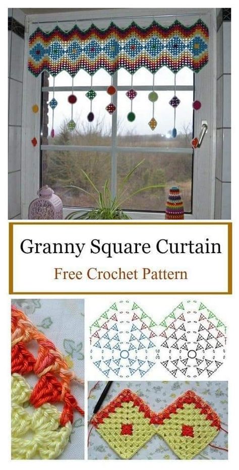 Crochet Rug Patterns Free, Motifs Granny Square, Crochet Curtain Pattern, Granny Pattern, Confection Au Crochet, Crochet Rug Patterns, Crochet Curtains, Crochet Kitchen, Crochet Decoration