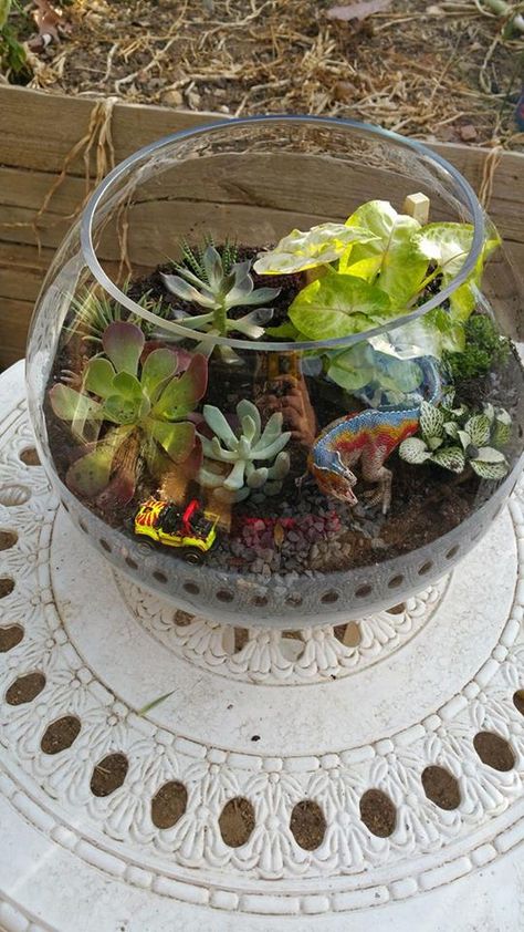 Jurassic Park Terrarium, Nerdy Terrarium Ideas, Jurassic Park Crafts, Dino Terrarium, Upcycled Toys, Dino Decor, Plant Parenthood, Diy Succulent Terrarium, Nerdy Wedding