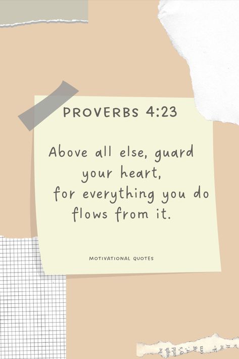 In the book of Proverbs, King Solomon imparts his wisdom, and in this particular verse, he focuses on the heart—the core of our being. The heart represents not only our emotions but also our thoughts, desires, and motivations. It is the wellspring from which our words and actions flow. Understanding the significance of guarding our hearts is vital in navigating life's challenges and pursuing a godly path. #fyp #bibleverse #bibleverseoftheday #biblescripture #bible #biblequote #biblewisdom Proverbs Quotes Bible Wisdom, Guard Your Heart Bible Verse, King Solomon Wisdom, Solomon Bible, Solomon Wisdom, Motivational Bible Quotes, The Book Of Proverbs, Proverbs 4:23, Book Of Proverbs