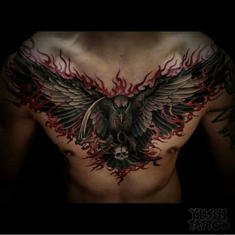 Awesome! Lower Chest Tattoo Men, Crow Tattoo Chest, Flames Tattoo, Rabe Tattoo, Tattoos Mandala, Tattoo Trend, Flame Tattoos, Crow Tattoo, Chest Piece Tattoos