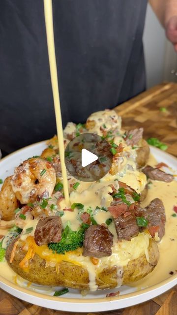 Karim Saad on Instagram: "Surf N Turf Loaded Baked Potato w a high protein cheese sauce 🔥#icekarim #healthyrecipes #easyrecipe" Surf And Turf Loaded Baked Potato, Surf And Turf Baked Potato, Surf N Turf Dinner, Surf And Turf Sides, Loaded Baked Potato Ideas, Loaded Steak Baked Potato, Surf And Turf Recipes, High Protein Cheese, Surf N Turf Recipes