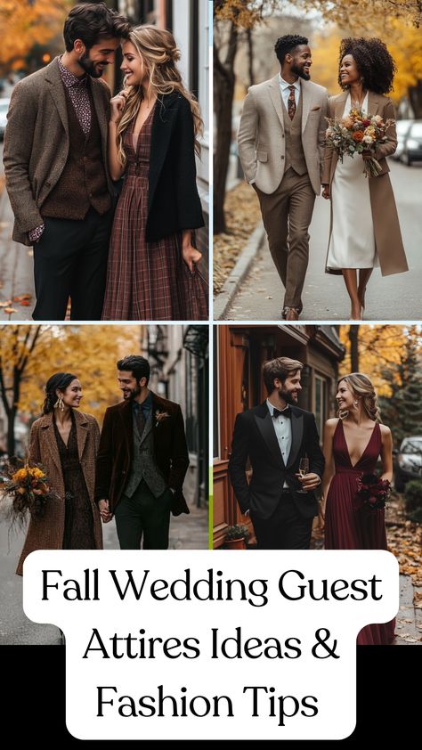 Elegant fall wedding guest outfit featuring a cozy layer, chic dress, and stylish accessories for a seasonal celebration. Fall Wedding Guest Pant Suit, Tattoo Wedding Guest Outfit, Fall Wedding Guest Attire Pants, Men Wedding Guest Outfit Winter, Southern Fall Wedding Guest Dress, Dark Academia Wedding Guest Outfit, Autumn Wedding Outfits For Guests, Fall Groom Outfit, Fall Semi Formal Dresses Wedding Guest