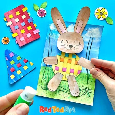 Paper Weaving Bunny Printable - Easy Easter Cards - Red Ted Art Easter Bunny Art Project, Rabbit Art Project, 3d Rabbit Craft, Paper Craft Rabbit, Ks2 Easter Cards, Easy Easter Cards, Velika Noč, Bunny Printable, Red Ted Art