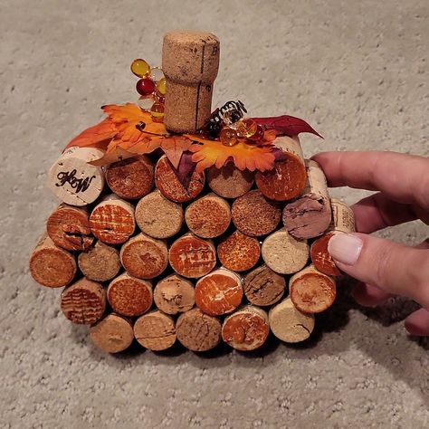 Custom Made Of Wine Corks Shaped Into A Pumpkin With Slight Beads And Fall Foliage At The Top. Perfect Hostess Gift Or For Your Home! 6" Wide, 5" Tall And 2" Depth. Home Made Autumn Decorations, Crafts To Do With Wine Corks, Cork Turkey Craft, What To Do With Corks, Wine Cork Christmas Tree With Lights, Wine Cork Upcycle, Wine Cork Flag, Cork Wine Charms, Thanksgiving Wine Cork Crafts