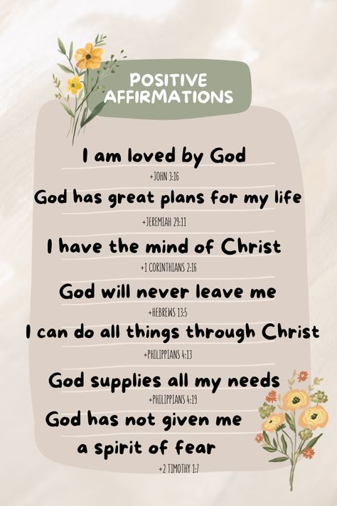 God Affirmations, I Am Loved, Christian Affirmations, Spirit Of Fear, Gratitude Affirmations, Affirmations For Women, Daily Positive Affirmations, Catholic Quotes, Positive Quotes Motivation