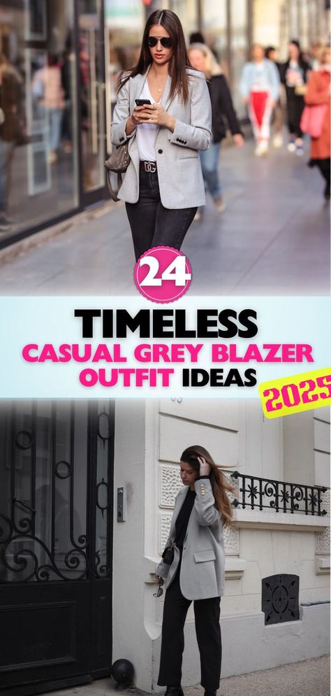 Discover trendy grey blazer looks for women that redefine casual chic. Pair these timeless pieces with your favorite wardrobe staples for an elegant touch. Grey Shoe Outfits For Women, Gray Blazer Casual Outfit, How To Wear A Grey Blazer, Gray Wool Blazer Outfit, Gray Blazer Outfit Women Casual, Gray Plaid Blazer Outfit, Grey Blazer With Jeans, Grey Blazer Outfit Women, Grey Blazer Outfits For Women