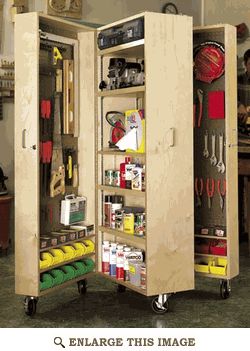 Mobile Tool Cabinet Woodworking Plan, Shop Project Plan | WOOD storage.  diy - get 2-3 bookshelves of same size. Put on heavy duty castors and place  multiple hinges on one side to open and close. Garage Kasten, Crosscut Sled, Storage Wars, Cabinet Woodworking Plans, Workshop Layout, Cabinet Plans, Tools Storage, Diy Workbench, Wood Magazine